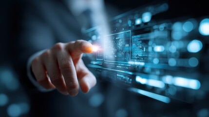 A businessman pointing at a digital interface, representing innovation and technology in the modern workplace.