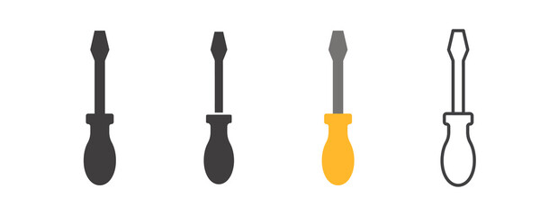 set of color tools and Instrument line icon, service sign icon Construction tool like screwdriver, saw, hammer, axe, ruler, wrench, vector abstract silhouette geometric engineering and Manufacturing 