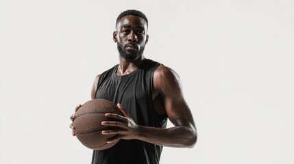 A confident basketball player holding a ball, showcasing athleticism and focus in a dynamic pose.