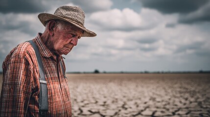 A contemplative elderly man stands alone on a dry, cracked landscape reflecting on climate challenges and resilience.