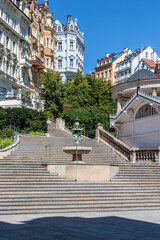 Summer walk through the spa center of the famous Karlovy Vary (Carlsbad) in the Czech Republic