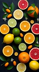 Vibrant citrus fruit assortment on a dark background for a refreshing and healthy look