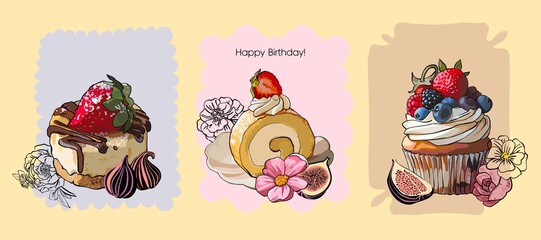 Ready to print card (poster) - Happy Birthday! Modern digital illustration (cake, pastry) in flat style with background, frame and text.