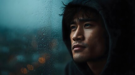 Man looking out rainy window at city lights reflecting on quiet urban moments
