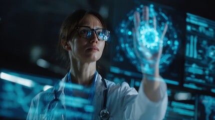 A female scientist interacts with a futuristic holographic interface, showcasing advanced technology in research.