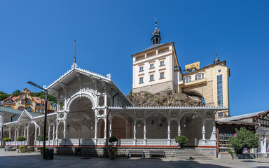 Summer walk through the spa center of the famous Karlovy Vary (Carlsbad) in the Czech Republic
