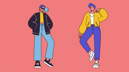 Trendy Young People in Fashionable Outfits. Flat Vector Illustration of Stylish Male and Female Characters on Pink Background.