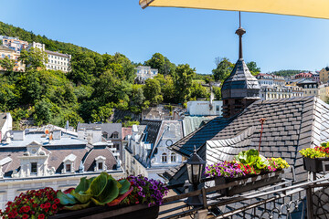 Summer walk through the spa center of the famous Karlovy Vary (Carlsbad) in the Czech Republic