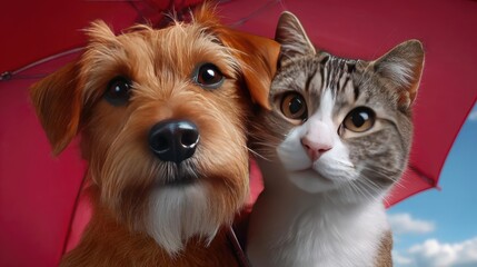 Cute cat and dog sitting under umbrella for pet insurance concept. Adorable dog and cat sharing an umbrella in a playful moment.