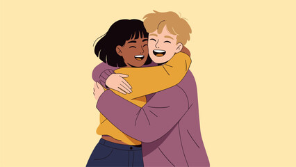 Joyful embrace of diverse friends, illustrating happiness, affection, and emotional connection