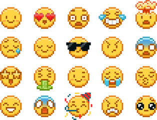 Obraz na płótnie Canvas Emoji emoticon pixel art positive and negative expression vector icons set, 8bit color sad and happy, sleep and cry face