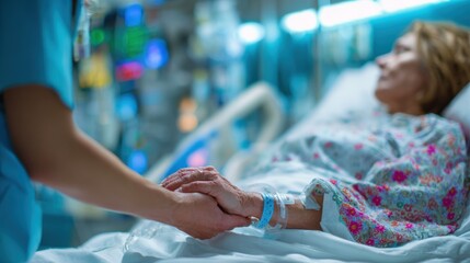 Fototapeta premium A nurse holds the hand of a patient in a hospital, symbolizing care, empathy, and the human connection in healthcare.