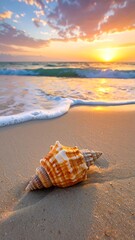 Seashell on golden beach at sunrise (1)