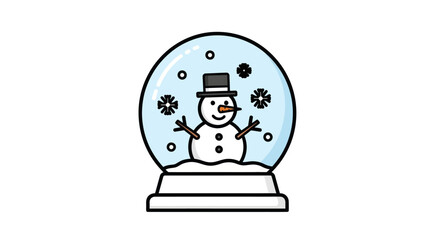 Cartoon Snowman in a Snow Globe with Snowflakes and Black Hat.