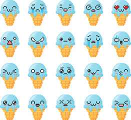 Vector set of pixel ice cream faces in kawaii style, with cone, blue ball, with different emotions.