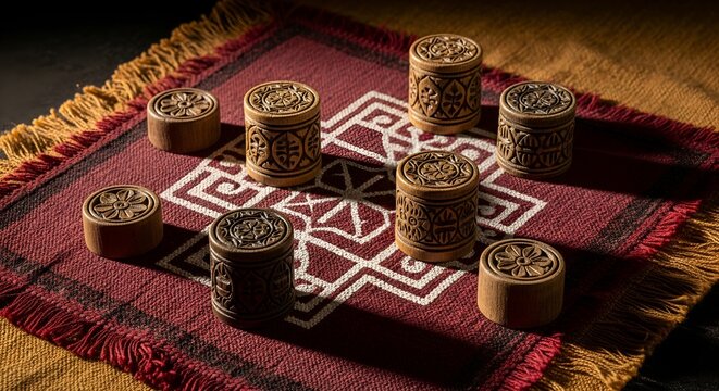 Pristine Flat Lay of Ancient Indian Board Games, Featuring Carved Wooden Pieces and Textured Fabric Board, Evoking Historical Recreation and Cultural Heritage.