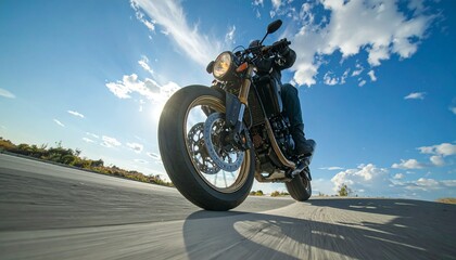 A low-angle shot of a black cafe racer motorcycle on an empty road. Bright daylight sky emphasizes power, speed, and freedom in classic motorbike culture.
