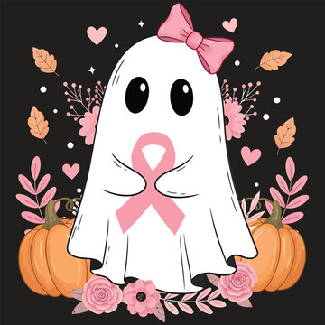 Cute Ghost Breast Cancer Awareness Halloween Shirt - Pink Ribbon Pumpkin Graphic Tee