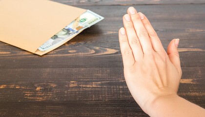 Photo of a hand refusing money on table, symbolizing anti-bribery, corruption rejection, honesty, and integrity in society or business ethics.
