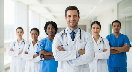 Diverse team of confident medical professionals, including doctors and nurses, standing with crossed arms in a bright hospital corridor, looking at the camera