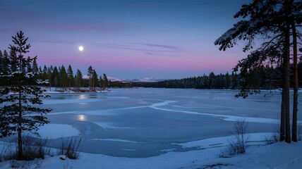 Winter twilight over a frozen lake with moon and snowcovered trees