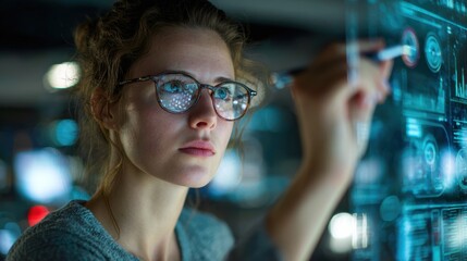 Female scientist analyzing data on a futuristic digital screen in a modern laboratory setting.