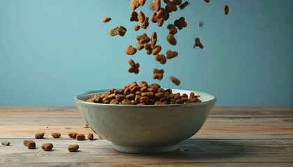 Dog food kibble falling into a bowl