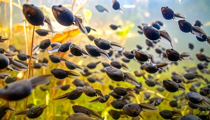 Tadpoles swimming in a pond
