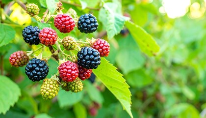 Close-up of ripe and unripe blackberries on a branch
