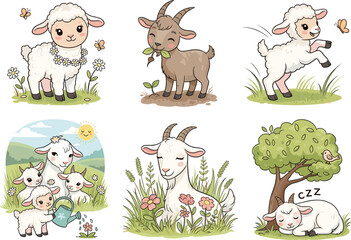 Cute cartoon baby lambs and goats in playful farm scenes with flowers, trees, and nature elements, adorable animal vector illustration set