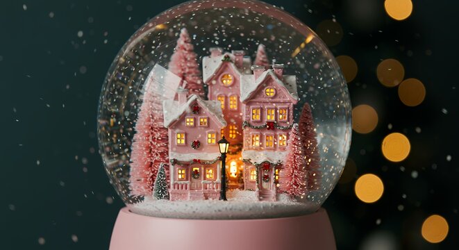 Pink snow globe with christmas village scene