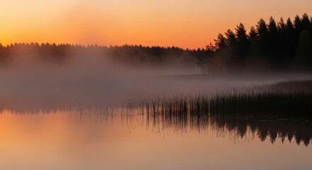 Obraz premium Misty Lake with Forest Reflection at Sunrise