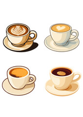 Realistic Coffee Cups with Latte Art and Espresso Variations