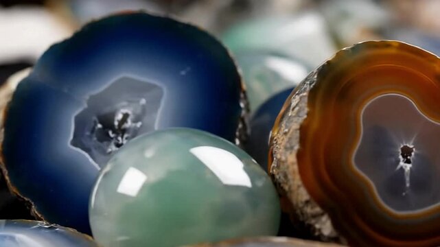 Closeup of colorful polished stones Blue and brown slices and a green spherical one are visible