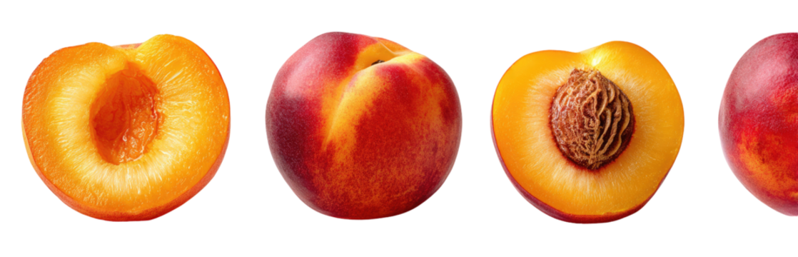 Four peach halves, showcasing the vibrant color variations of the fruit