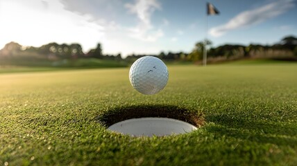 Golf ball about to enter the hole on a green golf course during golden hour, with a flag in the background