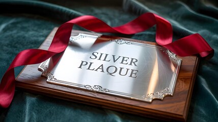 A silver plaque with the words silver plaque engraved on it, tied with a red ribbon and resting on a wooden base, set against a dark, textured fabric
