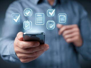 Quality certificate and checklist. Businessman holding smartphone displaying digital certification and checklist icons, symbolizing online approval, compliance, and document management