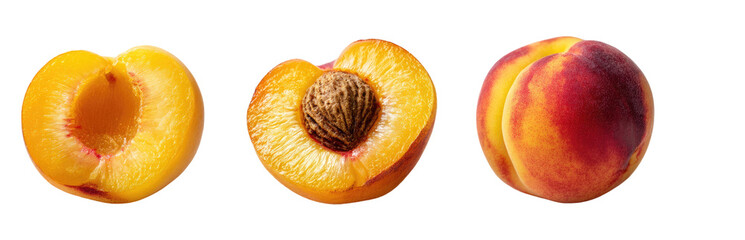 Three halved peaches, two sliced, one whole
