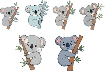 Cute cartoon koalas clinging to tree branches in various colors and styles, playful wildlife animal vector illustration for children and nature themes