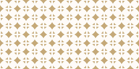 Vector geometric seamless pattern in oriental style. Golden and white ornament. Abstract background with floral silhouettes, diamonds. Simple elegant repeating geo design for decor, fabric, interior