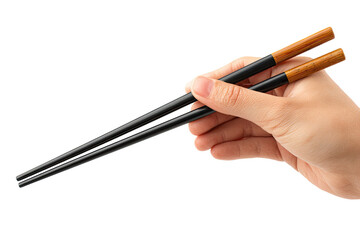 Close-up of a hand holding black chopsticks with light brown handles