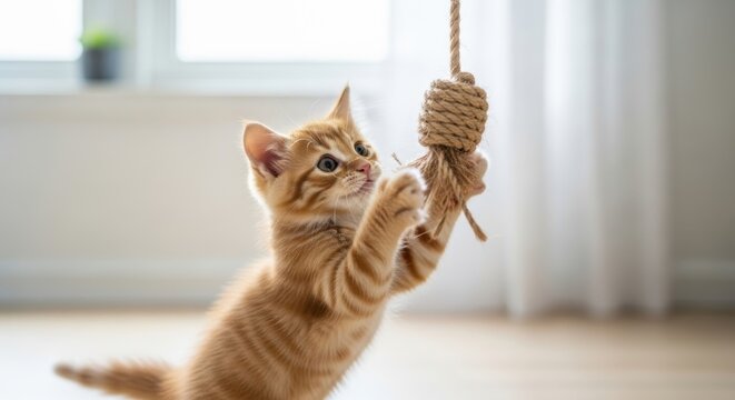 Anak kucing oren lucu bermain mainan tali gantung di ruangan terang bersinar melambangkan rasa ingin tahu dan keceriaan hewan peliharaan