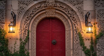 Photo of ornate red door with intricate carvings and vintage lanterns, showcasing architectural beauty and historical charm, inviting exploration and discovery of a bygone era