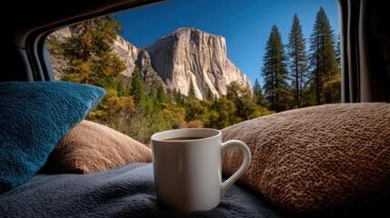 Mountain scenery view from inside a campervan concept. A cozy mug on pillows with stunning mountain views outside.