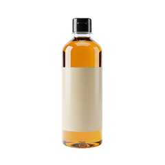 Photo of a clear glass bottle filled with amber liquid and a blank label, isolated on transparent background