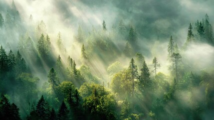 Obraz premium Misty forest with sunbeams piercing through the canopy