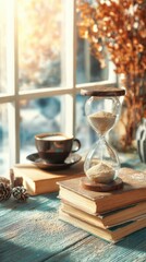 Cozy Lifestyle Moment with Hourglass, Coffee, and Books in Soft Natural Light Through Window