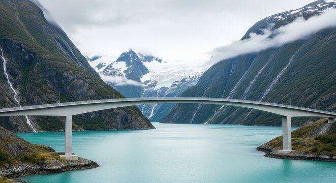 Photo of scenic view of a bridge spanning across a turquoise lake in norway, with snowcapped mountains in the background under a cloudy sky, creating a serene and picturesque landscape - Powered by Adobe
