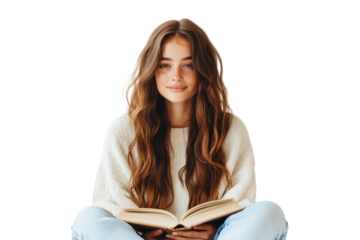 Reading and Relaxation: A young woman with long, flowing hair engrossed in a book, radiating serenity and calm, enjoying a moment of peaceful contemplation.